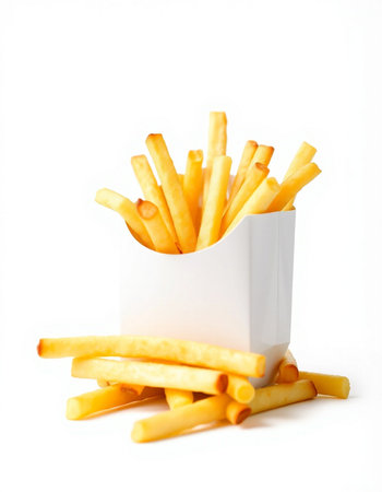 French fries in a white box on a white background. Isolated