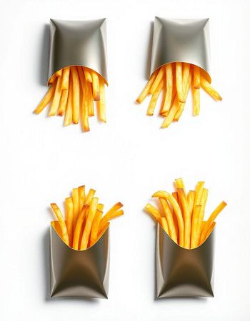 French fries in paper bags isolated on white background. Top view.