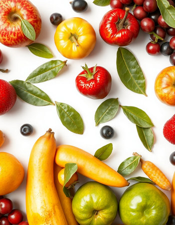 Fresh fruits and vegetables isolated on white background. Top view. Flat lay patternの写真素材