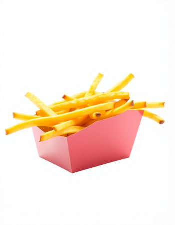 French fries in a box isolated on white background. Selective focus.