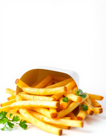 French fries with parsley on white background. Selective focus.