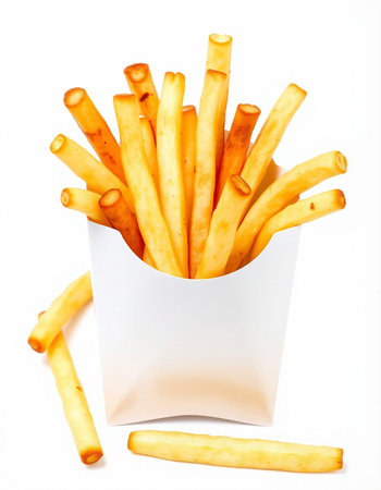 French fries in a paper box on a white background. Isolated