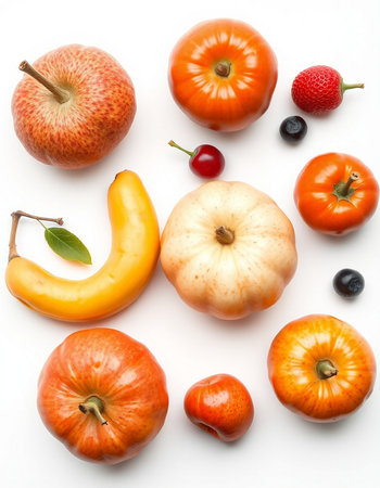 Autumn fruits and vegetables isolated on white background. Top view.