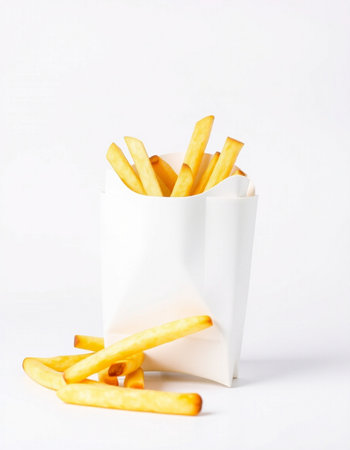 French fries in white paper box on white background. Close up.