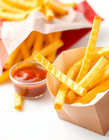 French fries in paper box with ketchup on white background
