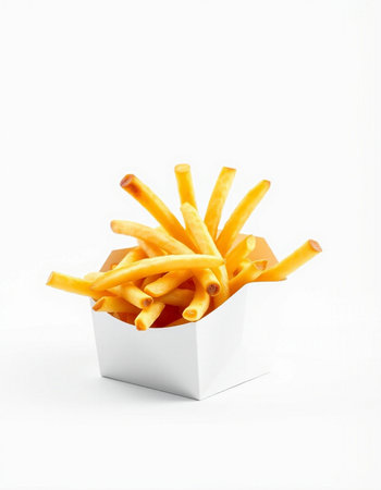 French fries in a white box on a white background. Isolated