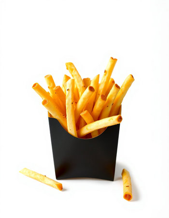 French fries in a black box isolated on white background. Fast food.