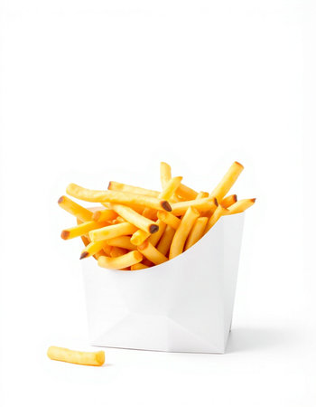 French fries in a white paper box on a white background, isolated