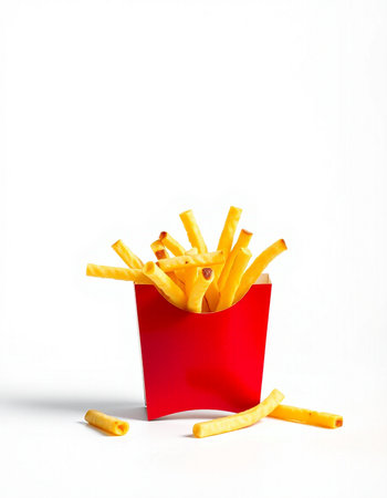 French fries in a red box on a white background. Fast food.の写真素材