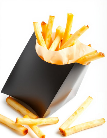 French fries in a black box on a white background. Isolatedの写真素材