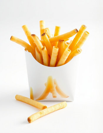 French fries in a paper box on a white background. Selective focus.