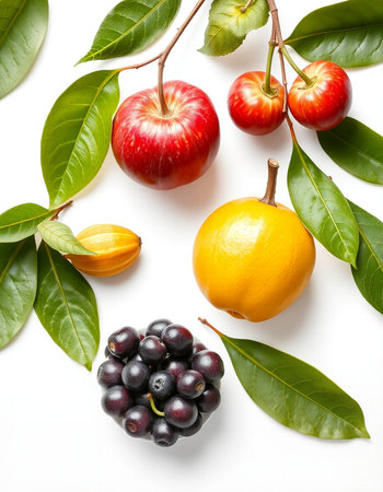 Fruits and leaves isolated on a white background. Healthy food concept.
