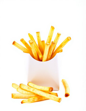 French fries in a white box on a white background. Isolated