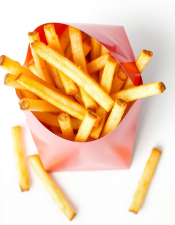 French fries in a red box on a white background, close-up