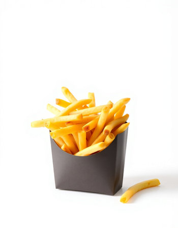 French fries in paper box isolated on white background. Fast food.