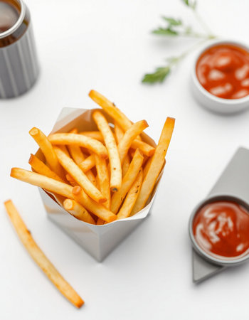 French fries with ketchup and mayonnaise on the white background