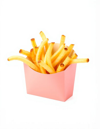 French fries in pink box isolated on white background. Fast food.の写真素材