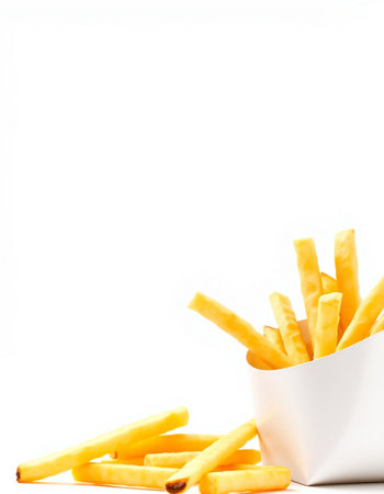 Golden French fries in a white bowl isolated on a white background.