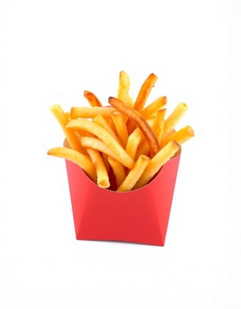 French fries in a red box isolated on white background. Fast food.