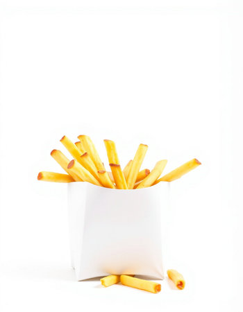 French fries in a white box on a white background. Isolated