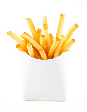 French fries in paper box isolated on white background. Selective focus.