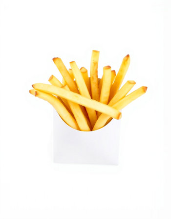 French fries in a white box on a white background. Isolated