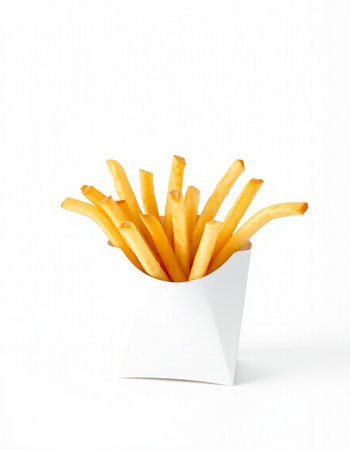 French fries in a white box on a white background. Isolated