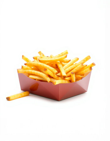 French fries in a box isolated on white background. Fast food.