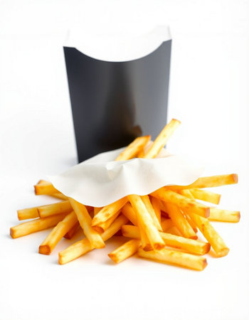 French fries in a paper box on a white background. Fast food.の写真素材