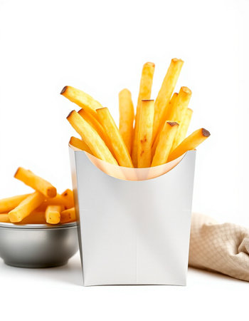 French fries in a paper box on a white background. Isolated