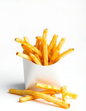 French fries in a white box on a white background with copy space