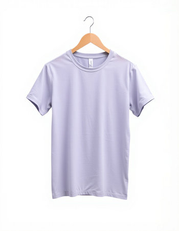 Purple t-shirt on wooden hanger isolated on white backgroundの写真素材