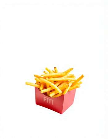 French fries in a red box isolated on white background. Fast food