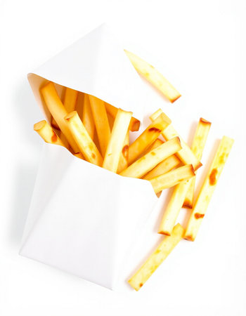 French fries in paper box isolated on white background, top view.