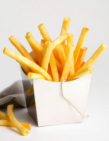 French fries in a paper box on a white background close-up