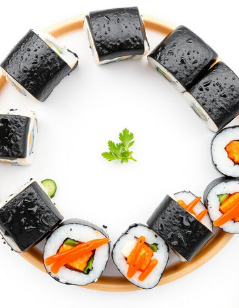 Sushi rolls with salmon, cucumber and eel on white backgroundの写真素材
