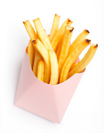 French fries in a pink box on a white background, isolated.の写真素材