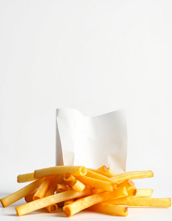 French fries in a paper bag on a white background. Copy space.の写真素材