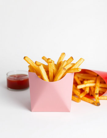 French fries in a pink paper box with ketchup on a white background