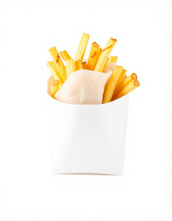 French fries with mayonnaise in a white box on a white backgroundの写真素材