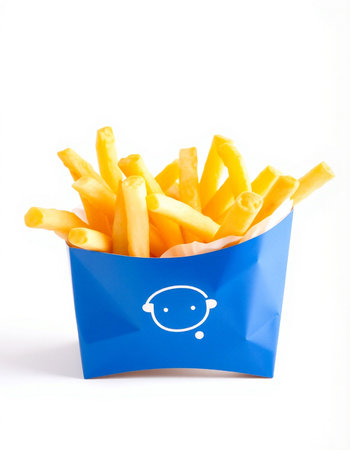 French fries in a blue box on a white background. Isolatedの写真素材
