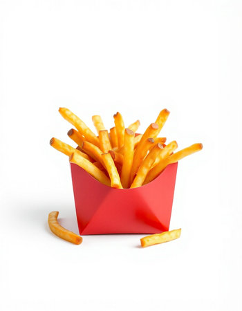 French fries in a red box isolated on white background. Fast food.
