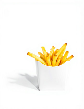 French fries in a white paper cup on a white background with shadow