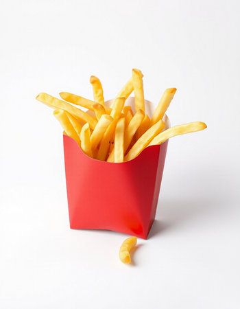 French fries in a red box on a white background, fast food