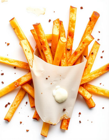 French fries with mayonnaise on a white background, top view