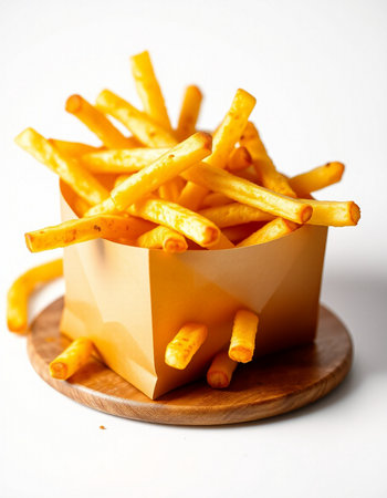 French fries in a paper box on a white background. Selective focus.の写真素材