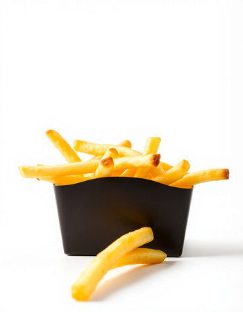 French fries in black plastic box isolated on white background. Selective focus.