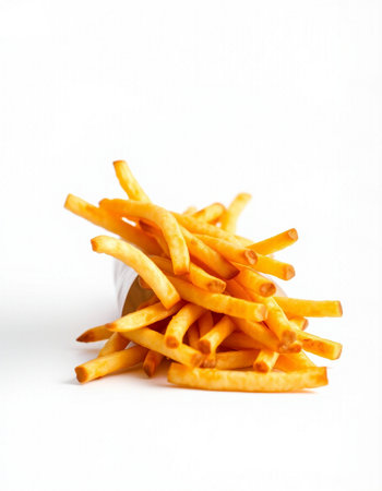 Golden French fries on a white background with copy space for text.