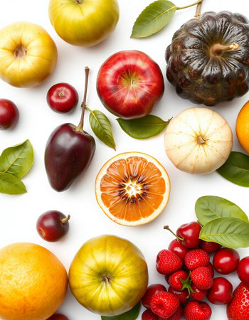 Fruits and vegetables isolated on white background. Flat lay, top view