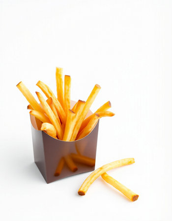 French fries in paper box on white background. Selective focus.